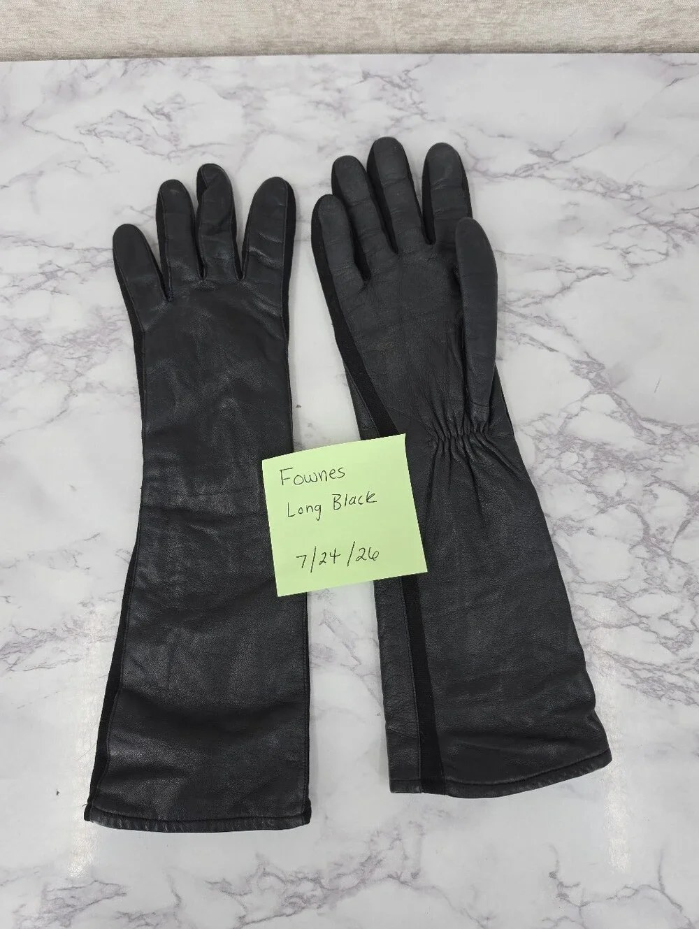 Fownes Long Black Leather Gloves with Nylin Stretch Contrast Dress Oprea
